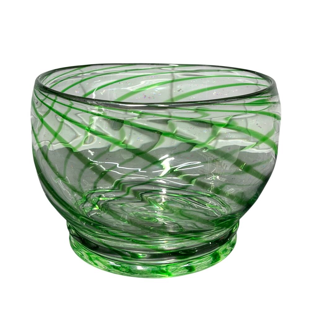 Emerald Green Clear Swirl Hand Blown Glass Serving Art Deco Bowl